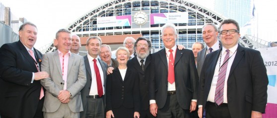 Goup Shot From L to R: Paul Kenny GMB General Secretary, Steve Murphy UCATT General Secretary, Mick Whelan Aslef General Secretary, John Hannett USDAW General Secretary, Eddie Roberts Campaign Chairman, Eileen Turnbull Campaign researcher & treasurer, John Bohanna Campaign Committee member, convicted pickets Ricky Tomlinson and Terry Renshaw, Tom Watson MP.