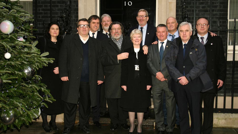 The Shrewsbury 24 Campaign, MPs and Union Leaders outside Number 10. December 2013.